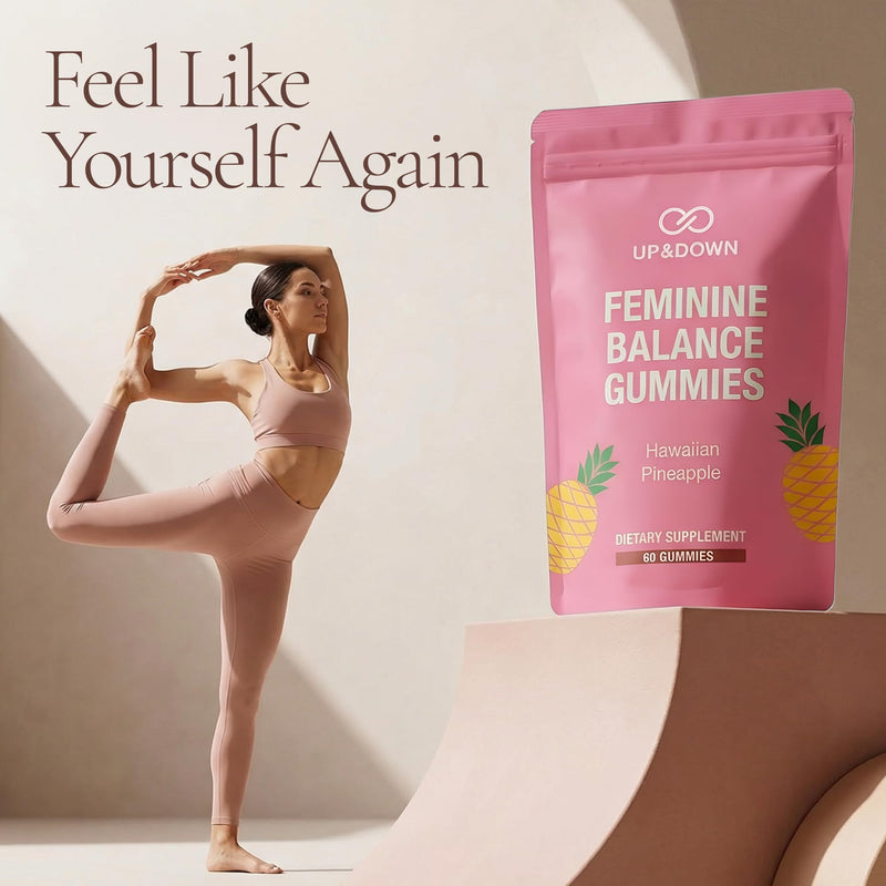 Up&Down Supplements Premium Feminine Balance Gummies for Women | PMS Relief, Mood & Cycle Support | Pineapple + Vitamin C | Ashwagandha & Chasteberry | Vegan, Non-GMO, Gluten Free | 60 Gummies
