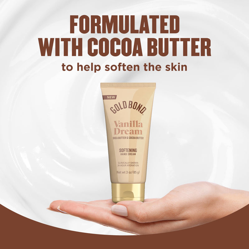 Gold Bond Vanilla Dream Softening Hand Cream Set, Luxurious Everyday Hand Cream with Shea Butter to Help Boost Skin Moisture and Cocoa Butter to Help Soften Skin, Warm Vanilla Dream Scent, 3 oz, 4 pk 3 Ounce (Pack of 4)