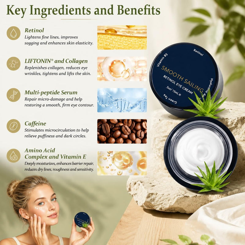 Retinol Eye Cream for Under Eye Area, Nightly Eye Moisturizer Cream with Hyaluronic Acid and Vitamin B5 for Fine Lines and Dark Circles, Hydrating and Smoothing Skin Care, 0.5 oz / 15ml