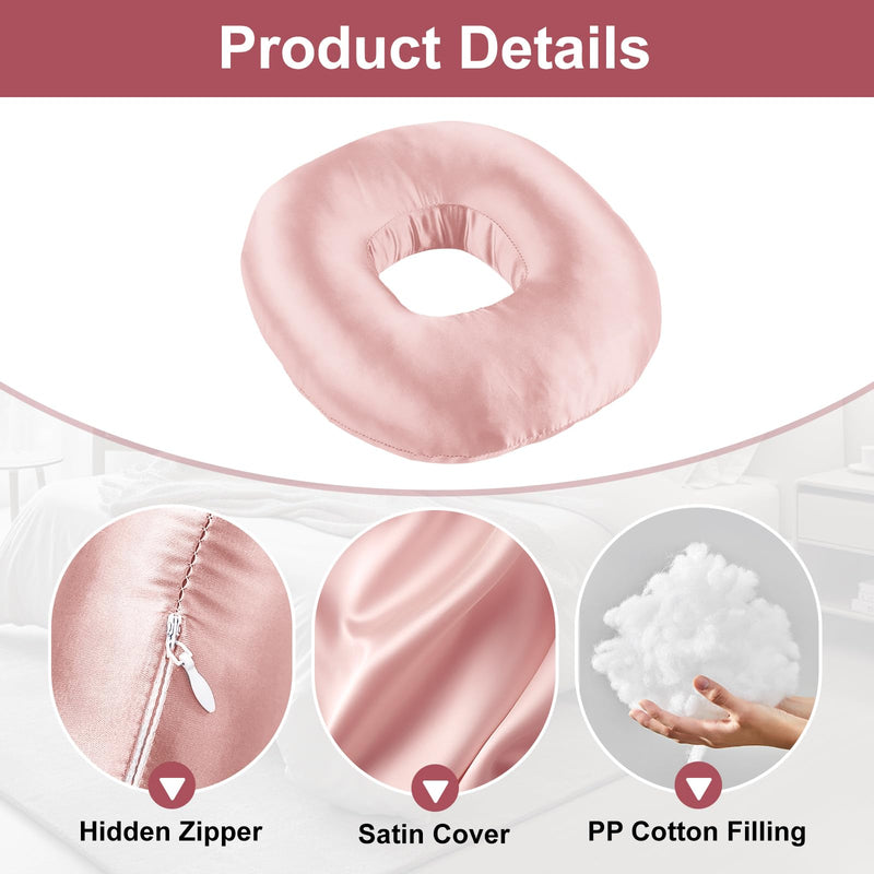 Piercing Pillow for Side Sleepers with an Ear Hole, Donut Pillow for Ear Pain CNH | Pain Relief Sleeping | Pressure Sore | Satin Washable and Adjustable Ear Protector (Coral) Coral