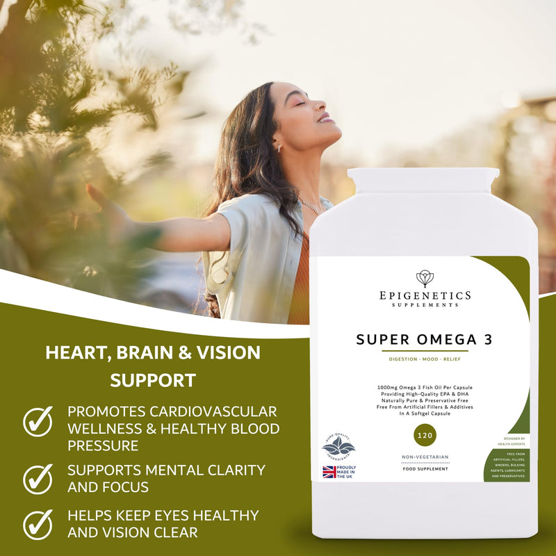 Super Omega 3 1000mg | High Strength 270mg EPA + 180mg DHA Fish Oil | 120 Softgel Capsules UK Made | Long 4 Month Supply by Epigenetics Supplements