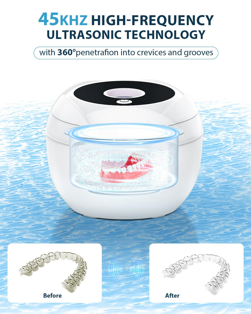 [Australia] - Retainer Cleaner Machine, 45kHz Portable Ultrasonic Cleaner, 4 Cleaning Modes, 200ml Stainless Steel Tank, Digital Timer, Includes Tweezer & Drain Basket for Jewelry, Glasses, Watches, & More White 