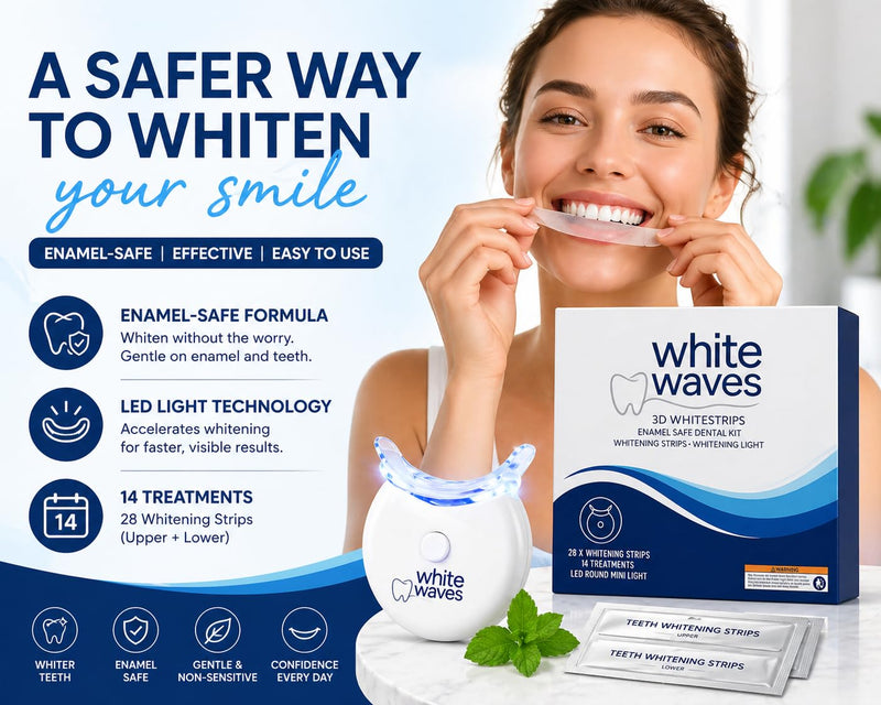 Teeth Whitening Kit with LED Light – Enamel-Safe Whitening Strips (14 Treatments) – White Waves At-Home Whitening System