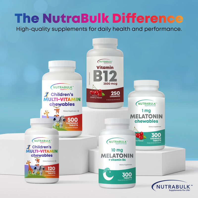 NutraBulk Children’s Chewable Multi-Vitamins - Promoting Kids' Overall Development - USA-Made, May Help to Support Immune, Bone, Brain & Overall Well Being- Vegan & Gluten Free - 250 Cherry Tablets | Fun Animal Shapes & Fruity Flavors, No Artificial Dy...