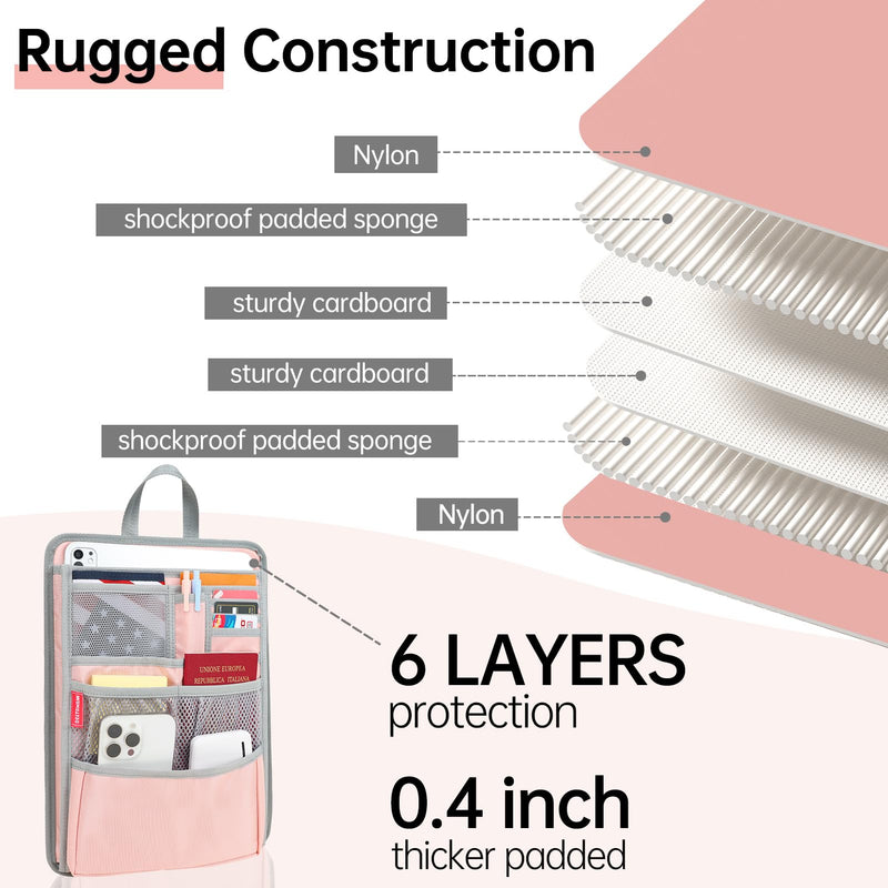 Slim Rugged Backpack Organizer Insert for Business Casual Men Women -13 Pockets,Padded Nylon,Max 14'' laptop- Pink