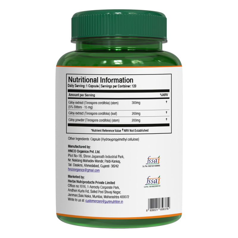 Pure Nutriton Giloy Guduchi Extract Capsule 700mg | 120 Veg Caps | Immune Health Support | 700mg Giloy Extract Equivalent to 5200mg Giloy Powder | Non GMO 120 count (Pack of 1)