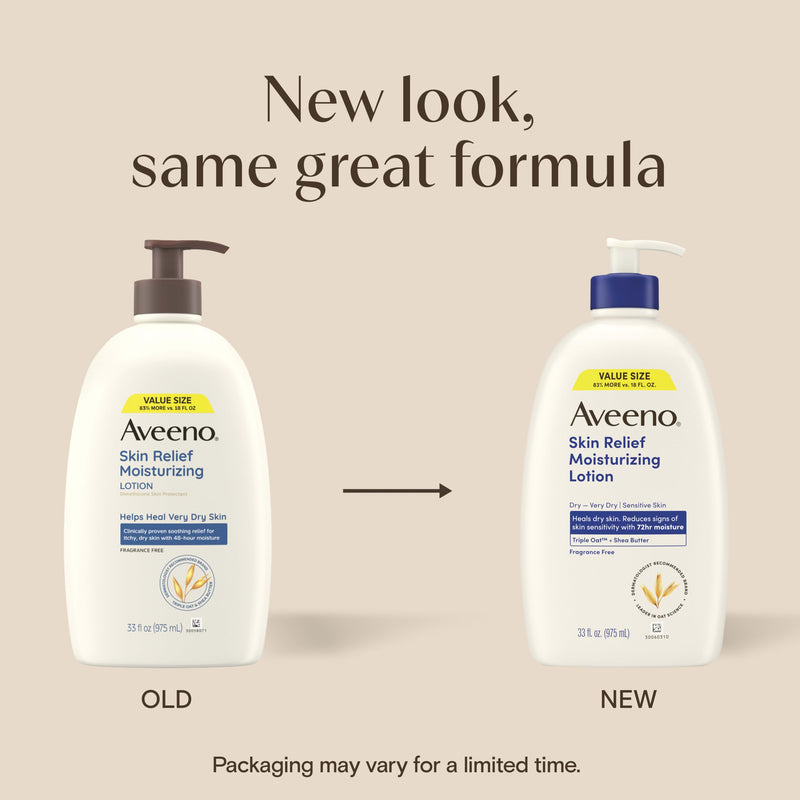 Aveeno Skin Relief Moisturizing Body Lotion Heals Very Dry, Sensitive Skin, Fast-Absorbing Lotion with Soothing Triple Oat & Shea Butter Formula, Fragrance Free Lotion, Non-Comedogenic, 33 Fl Oz 33 Fl Oz (Pack of 1)