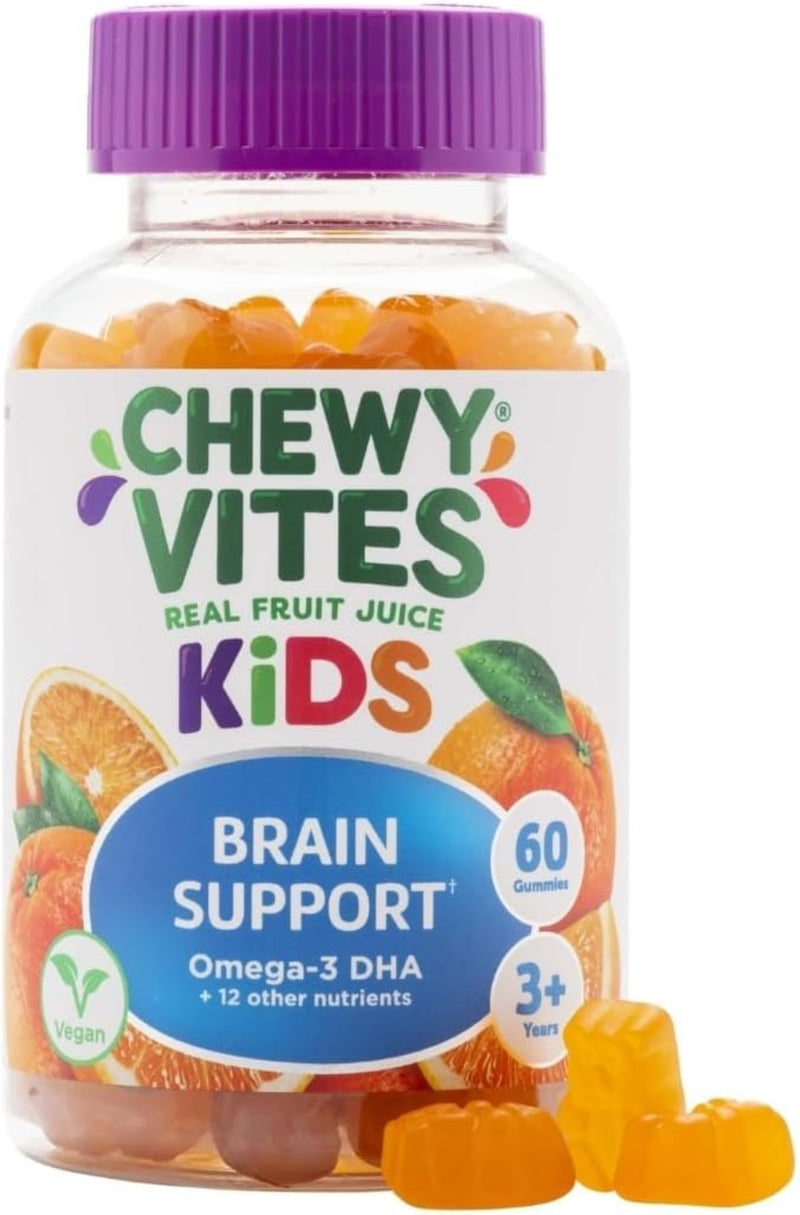 Chewy Vites Kids Brain Support, 60 Kids Vitamins Gummies, Vegan Omega 3 DHA, 13 Essential Vitamins & Minerals, 1 Months Supply, Real Fruit Juice, Age 3 +, Orange Flavour 60 count (Pack of 1)