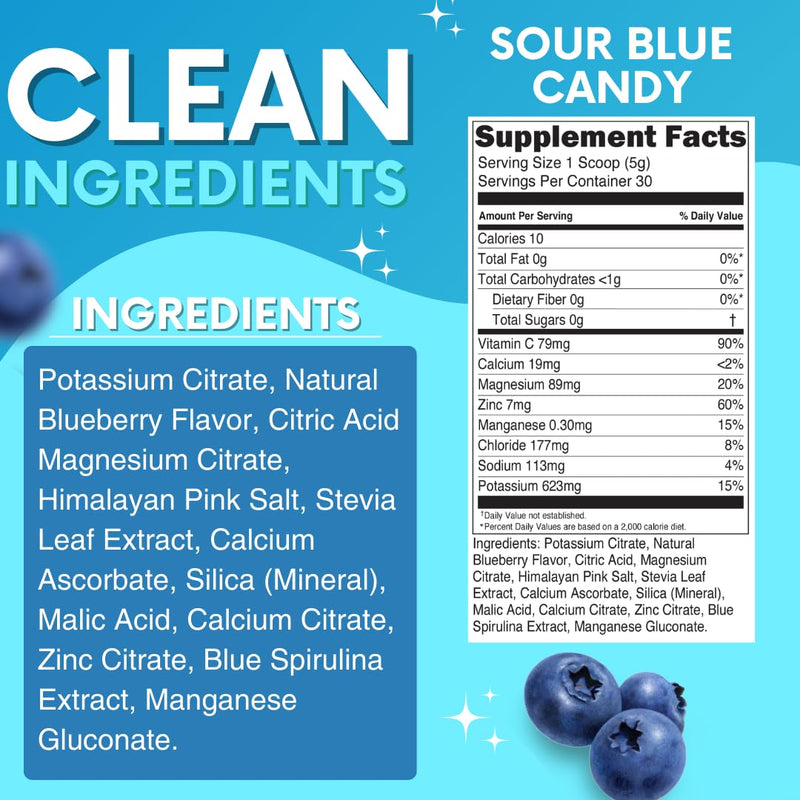[Australia] - Zero Sugar - Sour Blue Candy Electrolytes Powder - Refreshing Hydration - Caffeine Free Energy - All Natural Ingredients - Vegan, Keto & Paleo - Sugar Free Electrolyte Powder Drink Mix - 30 Servings 5.29 Ounce (Pack of 1) 