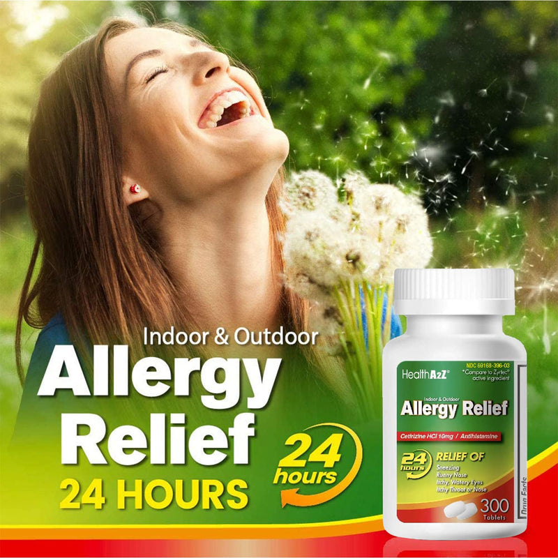 [Australia] - HealthA2Z® Allergy Relief | Cetirizine 10mg | All Day Allergy Relief | Indoor & Outdoor | Relief from Itchy Throat, Sneezing, Runny Noses (300 count (pack of 1)) 300 Count (Pack of 1) 