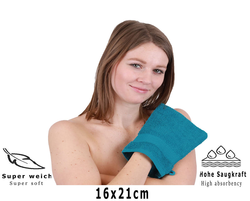 [Australia] - Betz Pack of 10 Washing Gloves Terry Cloth Washing Gloves Palermo 100% Cotton Washcloth Set Size 16 x 21 cm (Petrol) 10x Washing Gloves Petrol 