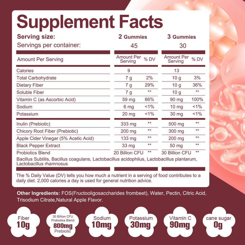 [Australia] - Fiber Gummies with Probiotics,10G Fiber per Serving No Sugar Added Apple Flavor, with 10 Billion CFU Probiotics Blend, Apple Cider Vinegar, Vitamin C, Inulin, Bloating Support 90 Count 90 Count (Pack of 1) 