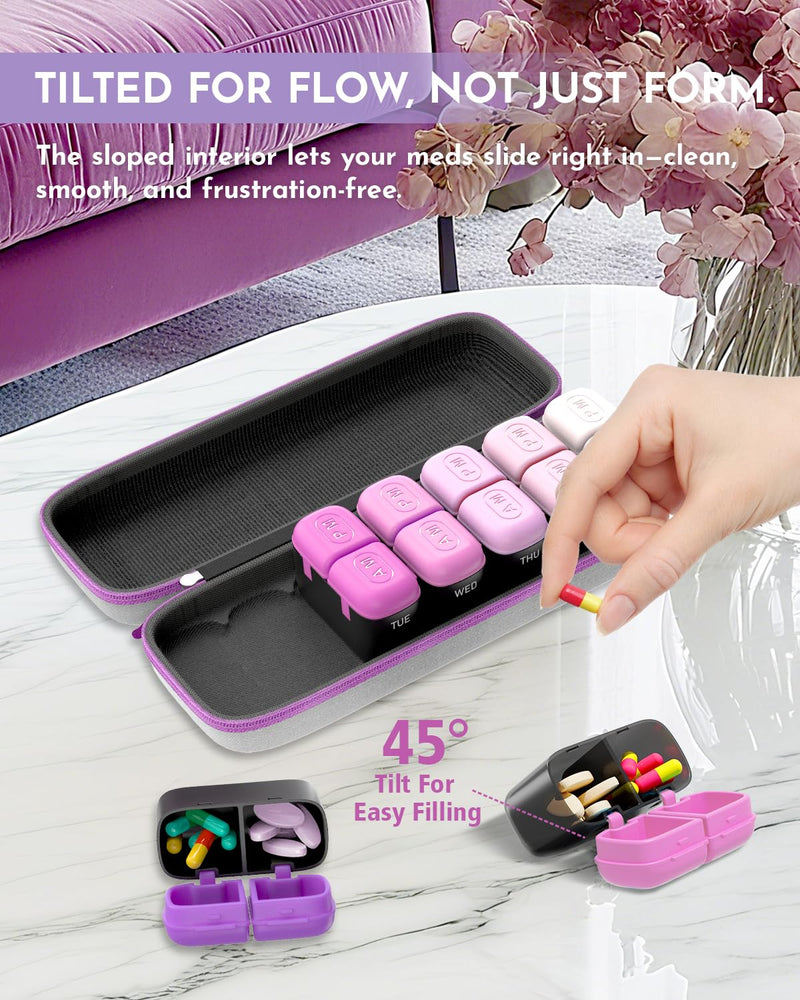 Weekly Pill Organizer 2 Times a Day, 7 Day Travel Medicine Pill Organizer with Moisture-Proof Silicone Lid, AM PM Daily Pill Box for Vitamins & Supplements, Aesthetics Pill Case(Purple) Purple
