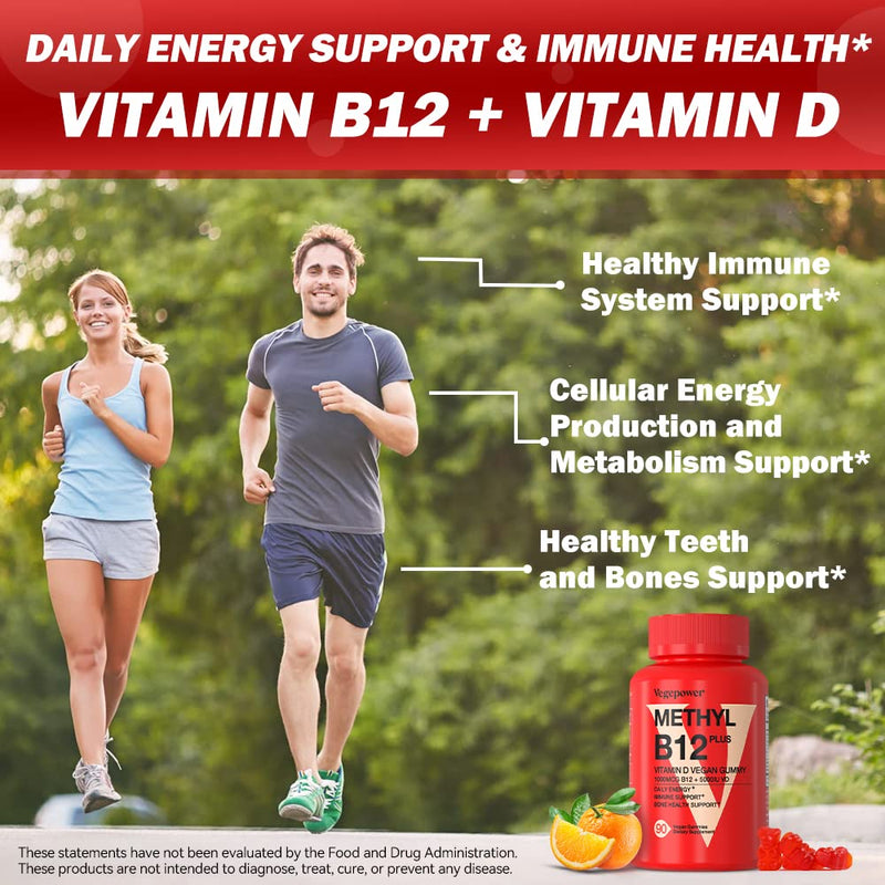 Vitamin B12 D3 Vegan Gummies - Orange Flavor, 90 Count | 1000 MCG Methyl B12 & 5000 IU Vitamin D Gummy Supplements for Adults & Kids - Immune Health & Daily Energy Boost - Non-GMO 90 Count (Pack of 1)