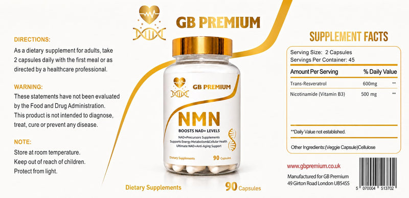 NAD+ Trans-Resveratrol Supplement 1100mg, high Strenght- Cellular Energy Booster 90 Capsules