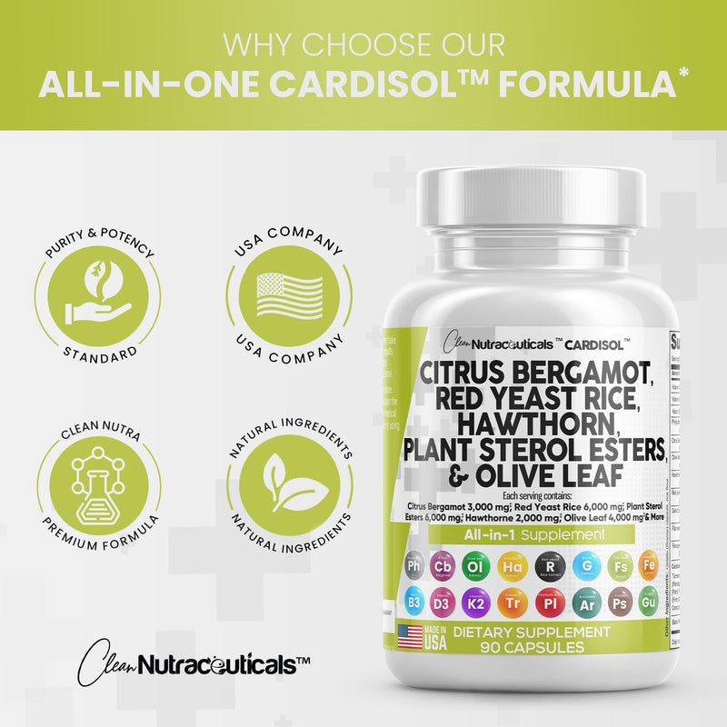 [Australia] - Clean Nutraceuticals Citrus Bergamot 3000mg Red Yeast Rice 6000mg Capsules with Plant Sterols 6000mg - with Hawthorn Extract Olive Leaf Niacin Vitamin K3 D3 COQ10 Guggul & More - USA Made 