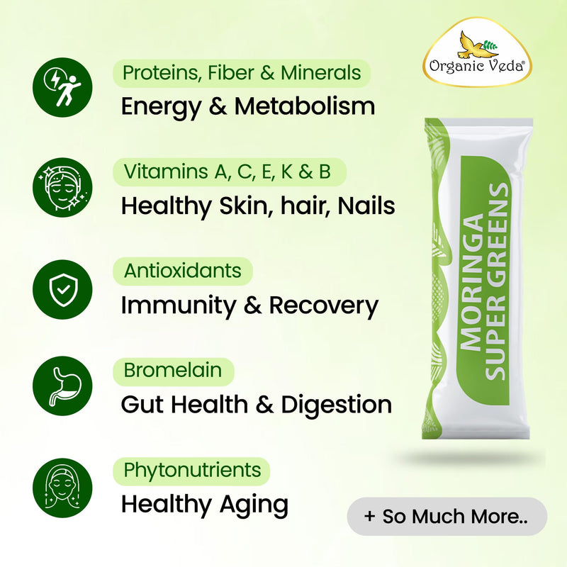 Organic Veda Moringa Powder Super Greens - Spirulina, Wheatgrass, Green Superfood Powder 20 X Concentrated Moringa Leaf Extract Antioxidants, Energy & Immunity Support - 30 Individual Serving Sachets