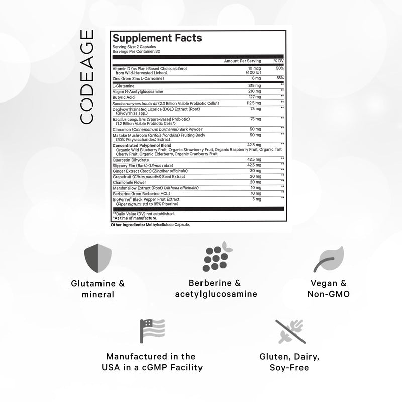[Australia] - Codeage Leaky Gut, L-Glutamine for Gut Health Support, N-Acetylglucosamine Supplement, Probiotic, Butyric Acid, Polyphenols, Quercetin, DGL, Berberine, BioPerine, Cinnamon, Vegan, Non-GMO, 60 Capsules 60 Count (Pack of 1) 