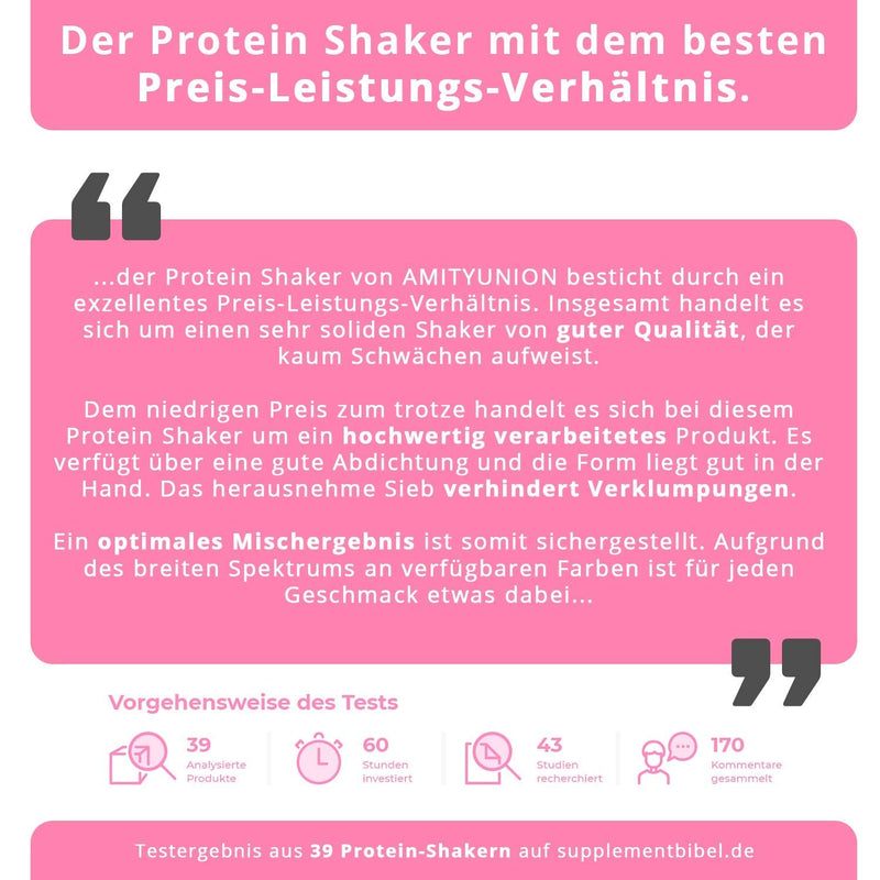 [Australia] - Women's protein shaker 800 ml Pink Deluxe - ORIGINAL AMITYUNION - protein shaker leak-proof - BPA free with sieve, scale for creamy whey shakes, gym fitness cup for isolates and sports concentrates 
