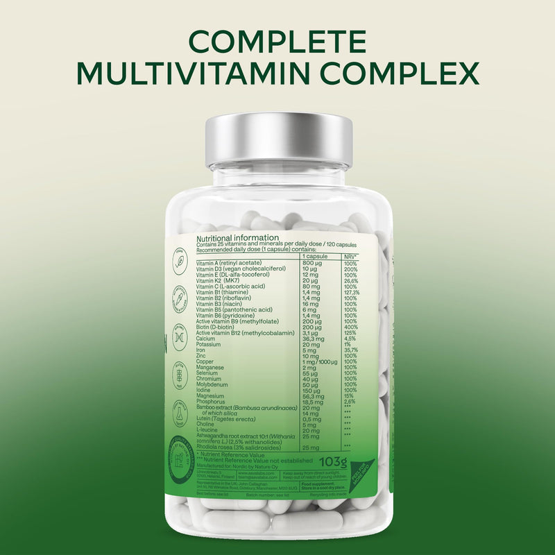 Multivitamin Complex with 25 Vitamins and Minerals + Ashwagandha and Rhodiola Rosea - Multivitamin Tablets for Women and Men - with Vitamin C & Vitamin D - Multivitamins and Minerals - 120 Capsules