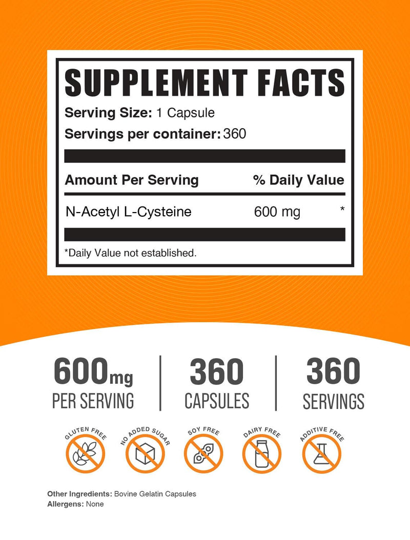 [Australia] - BulkSupplements.com N-Acetyl L-Cysteine Capsules - N-Acetyl Cysteine 600mg, NAC Supplement - 600mg per Capsule, Gluten Free - 1 NAC Capsule per Serving, 360 Capsules (Pack of 1) 360 Count (Pack of 1) 