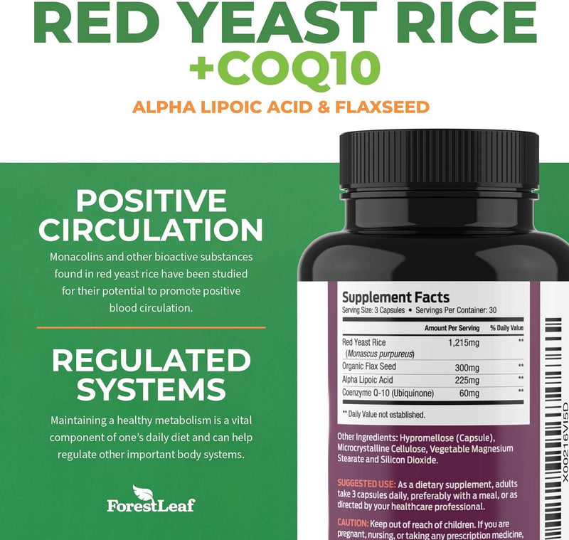 [Australia] - ForestLeaf Red Yeast Rice with CoQ10 Supplement - 1215mg Extra Strength Red Yeast Rice Capsules with Alpha Lipoic Acid & Organic Flaxseed, Citrinin Free, Supports Cardiovascular Health, Vegan 90 Count Unflavored 90 Count (Pack of 1) 