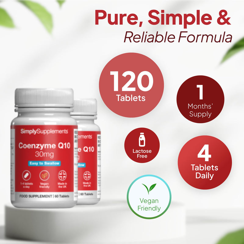 Co Enzyme Q10 30mg | 2 Tubs of 60 Tablets (120 Total) | Convenient Daily CoQ10 Support | High Purity Ingredients | Made in The UK Unflavoured 60 count (Pack of 2)