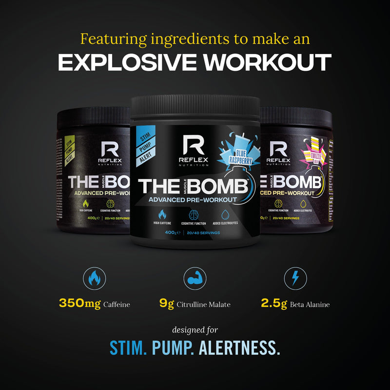 Reflex Nutrition The Muscle Bomb Caffeine Pre Workout Powder - 350mg Caffeine, 9g Citrulline Malate, 2.5g Beta Alanine - Energy, Pump & Focus for Explosive Workouts (Blue Raspberry, 400g, 20 Servings) Blue Raspberry