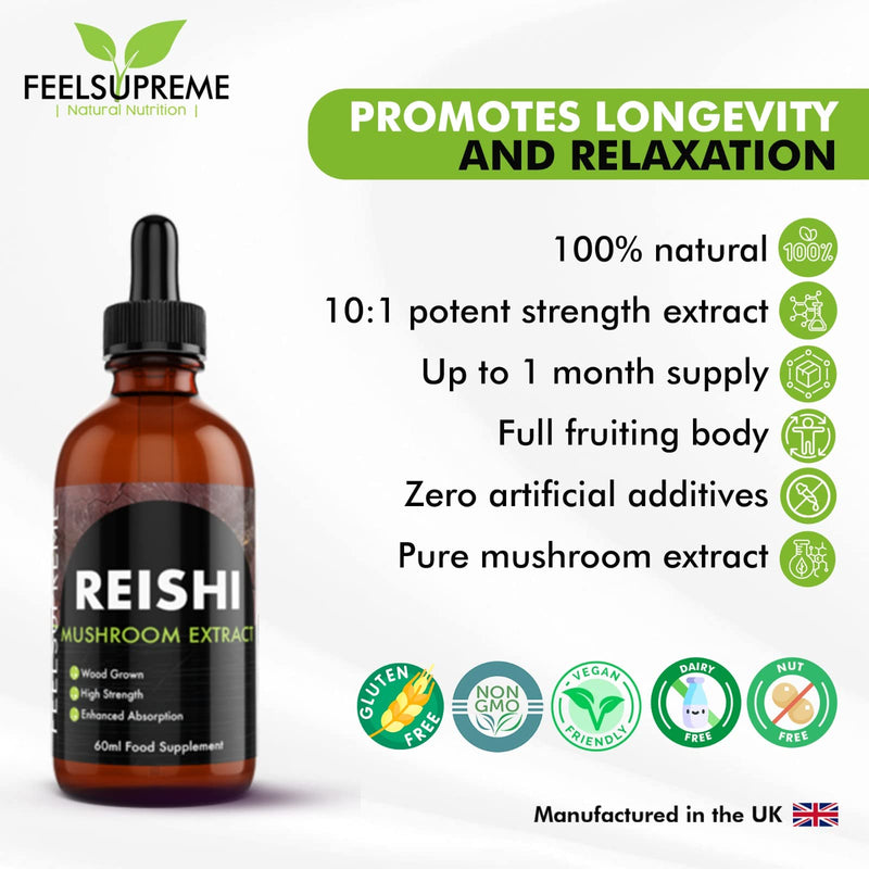 Reishi Mushroom Extract Liquid 60ml – 10:1 Dual Extract Full Fruiting Body Supplement – Immune Support, Sleep & Stress Support, Gut Health, Energy Levels – Antioxidant Tincture