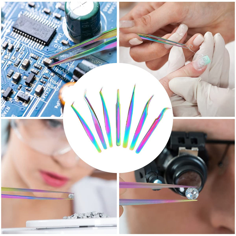 Eyelash Extension Tweezers Set, Fangze 7 Pcs Lash Kit Rainbow Stainless Steel Straight and Curved Tweezer for Nail Art Ingrown Hair Craft Eyelash Extension Tweezers