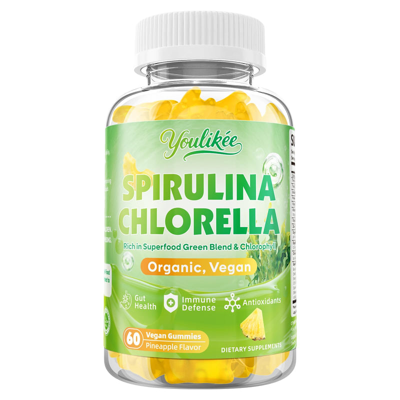 Spirulina Chlorella Gummies, Support Energy, Immune System & Antioxidant | Super Greens Blend with Protein, Chlorophyll, Vitamin C, D3, B12, Zinc, Pineapple Flavor, 60 Count 60 Count (Pack of 1)