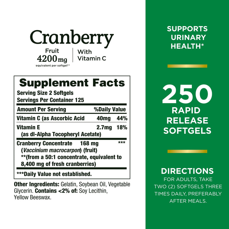 [Australia] - Nature's Bounty Cranberry 4200mg With Vitamin C, Urinary Health & Immune Support, Cranberry Concentrate, 250 Rapid Release Softgels Unflavored 1 Count (Pack of 250) 