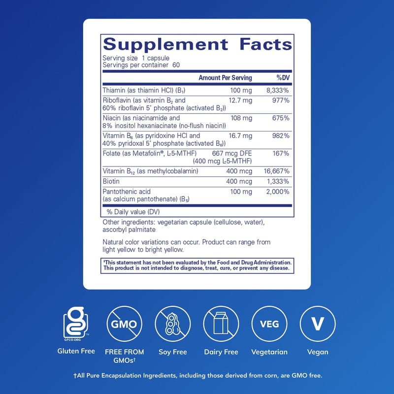 Pure Encapsulations B-Complex Plus - B Vitamins Supplement to Support Neurological Health, Cardiovascular Health, Energy Levels & Nervous System Support* - with Vitamin B12 & More - 60 Capsules | B Vitamins Supplement to Support Neurological Health, Ca...