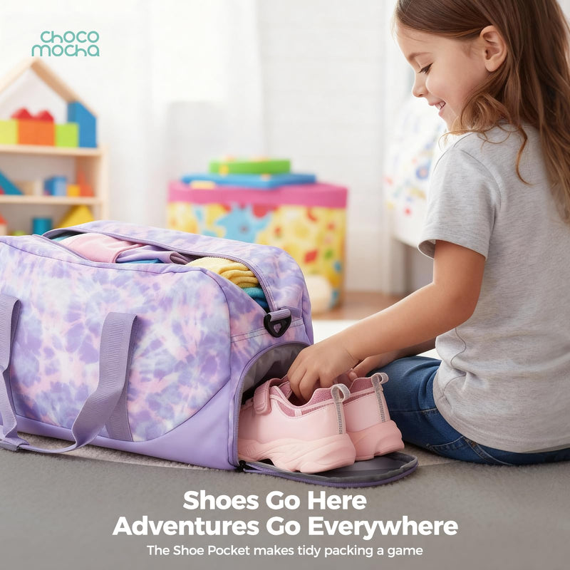 Duffle Bag for Kids - Tie Dye Overnight Bags Set for Girls & Boys with Shoes Compartment, Cute Weekender Bag for Sleepover Travel, Pink & Blue
