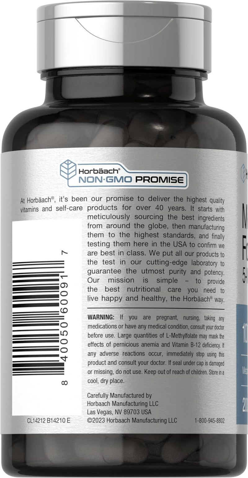 Horbäach Methyl Folate Supplement | 1000 mcg | 200 Capsules | 5-MTHF | Folic Acid | Non-GMO, Gluten Free Methylfolate