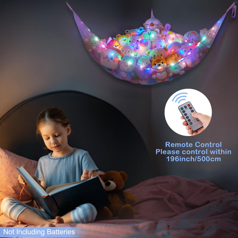 [Australia] - Basumee Stuffed Animals Net or Hammock with LED Light Hanging Toy Net Hammock for Stuffed Animals Storage Stuff Animals Hammocks for Nursery Kids Room with Remote Control, 8 Kinds of Lights(Pack of 1) Blue and Purple 51'' x 51" x 71" (Pack of 1) 