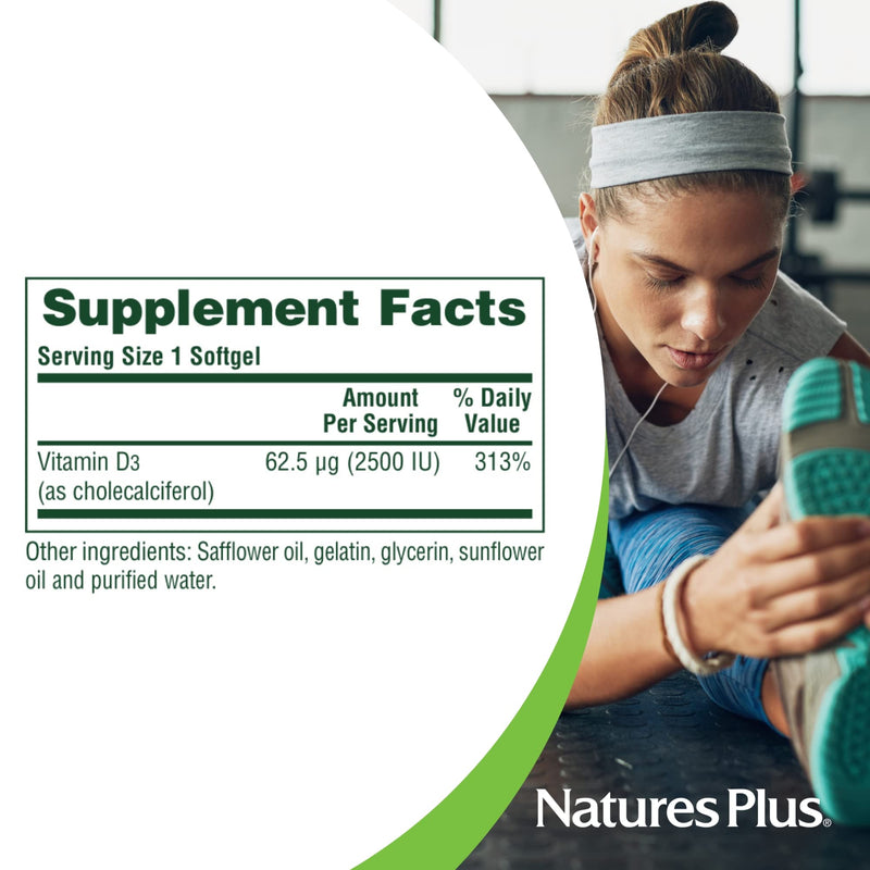 NaturesPlus Vitamin D3 2500 IU - Active Vitamin D Supplement - Immune Support, Bone, Muscle and Teeth Health - Easy to Swallow, One A Day, Gluten Free - 90 Softgels 90 count (Pack of 1)