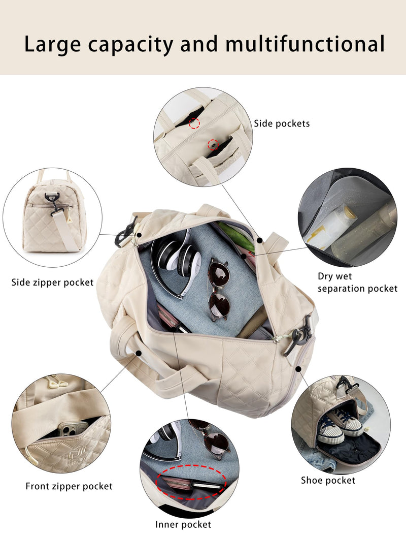 Travel Duffle Bag for Women Weekender Bag Luggage with Toiletry bag Shoe Pocket for Hospital,Gym and Airplane Travel,Beige Beige