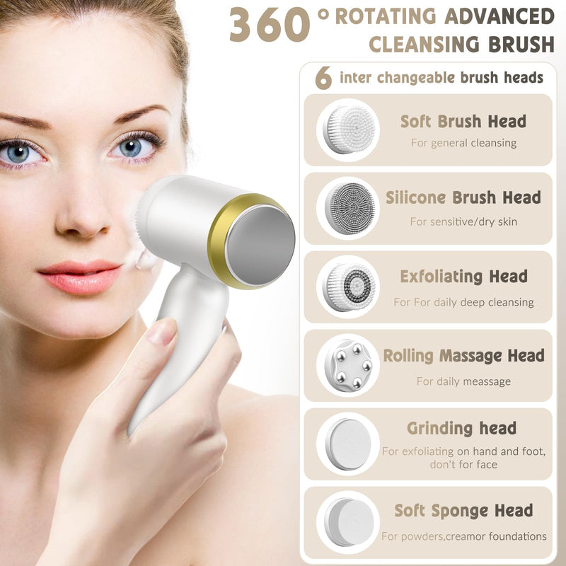 [Australia] - Landmore Facial Cleansing Brush, 8 in 1 Spin Face Wash Brush Rechargable Waterproof Face Scrubber with 6 Brush Heads, 3 Speeds for Deep Cleansing, Exfoliator, Thermal & Cold Massager Skin Care, White 
