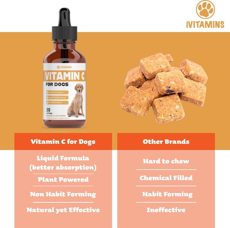 Vitamin C for Dogs | Helps with Improving Immune Health | Vitamin C for Dogs Liquid | Dog Immune Support | Dog Immune and Allergy Supplement | Dog Immune Booster | 1 oz Bacon Flavor - PawsPlanet Australia