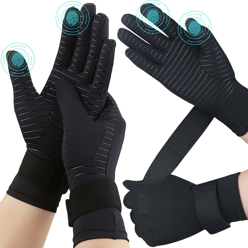 2 Pairs Full Finger Copper Arthritis Compression Gloves for Women Men with Wrist Strap, Compression Gloves for Carpal Tunnel, Hand Pain Relief, Swelling, Typing with Touchscreen Tips (Large/X-Large) Large / X-Large (2 Pairs) Black
