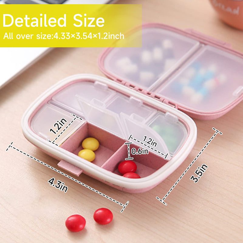 4 Pack Travel Pill Organizer,8 Compartments Weekly Pill Box Moisture Proof Small Pill Case for Pocket Purse Daily Portable Medicine Vitamin Holder Container（Blue+Green+Khaki+Pink） B