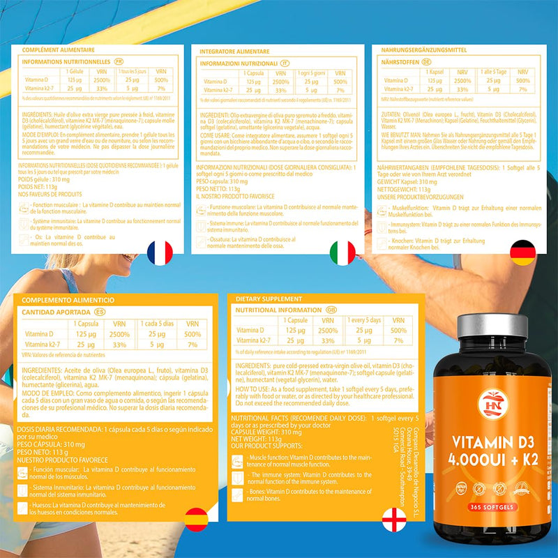 Vitamin D 365 Capsules - Vitamin D3 K2 Capsules – High-Strength Vitamin D3 4000 IU – Supports Immune System and Bone Health