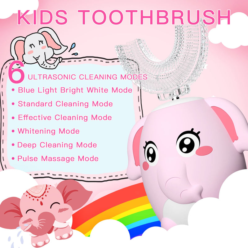 Kids Electric U Shaped Toothbrush Children Rechargeable Sonic Toothbrush with 4 Brush Heads Full Mouth 6 Cleaning Modes -(Age 8-15 Pink) Pink Elephant（ages 8-15）