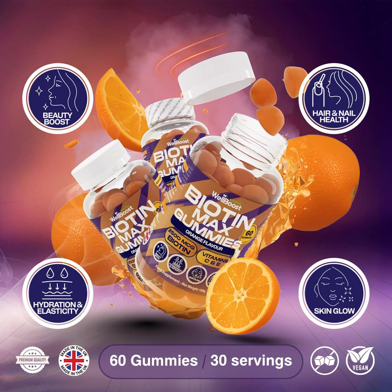 WellBoost Biotin Gummies – 2500mcg Biotin, 25mg Vitamin C & 6.2mg Vitamin E – Vegan with Orange Flavour – Hair, Skin & Nails Support – Adults (1 Month Supply)