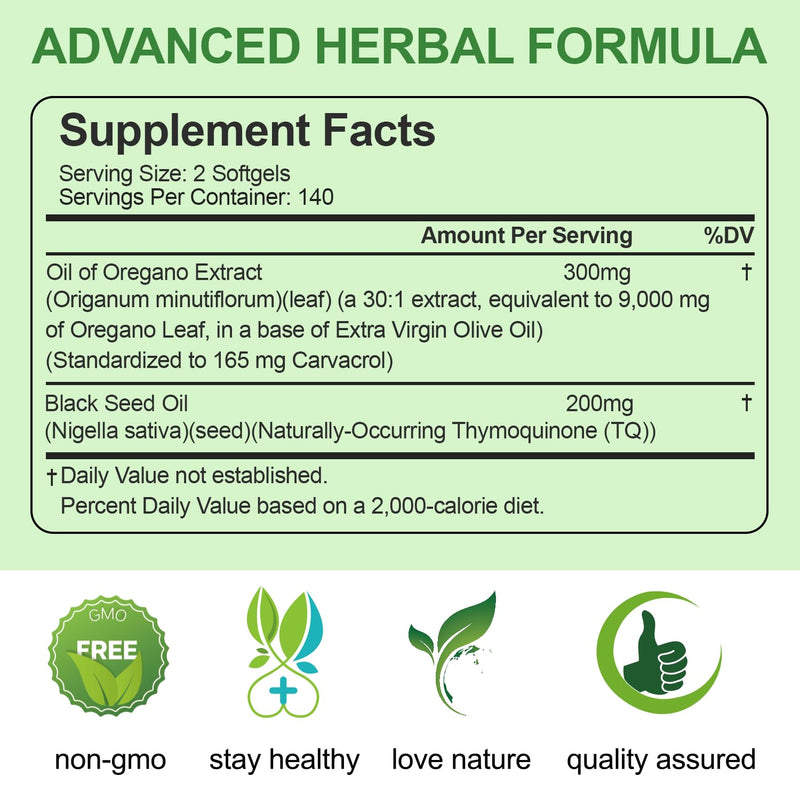 [Australia] - Oil of Oregano with Black Seed Oil, 9000mg Per Serving, 280/560 Softgel, 2-in-1 Oregano Supplement for Immune Health with High Carvacrol & Thymoquinone | Plant Based, Non-GMO, & Immune Support 280 Count (Pack of 1) 