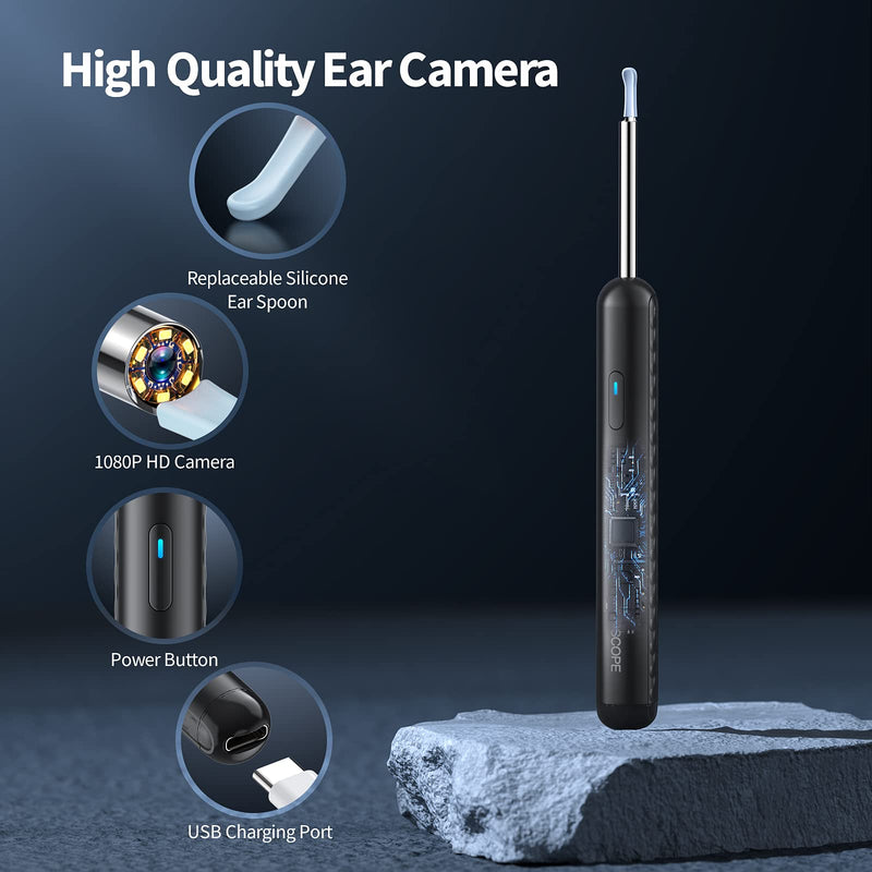 [Australia] - Ear Wax Removal Tool, Earwax Removal Kit with 8 Pcs Ear Set, Ear Cleaning Kit with 6 Ear Pick, Ear Cleaner Otoscope with Light, Ear Camera for iPhone, iPad, Android Phones (Black) Black 