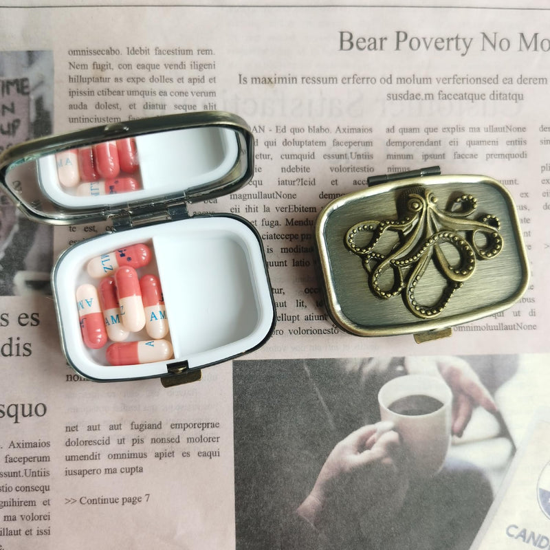 Hidad Bronze Retro Portable Travel Pill Organizer - Octopus Sign Small Pill Box for Purse or Pocket, Cute Durable Portable Mini Pill Case,Pill Bottle Container, Hold Vitamin Medicine Pill Dispenser