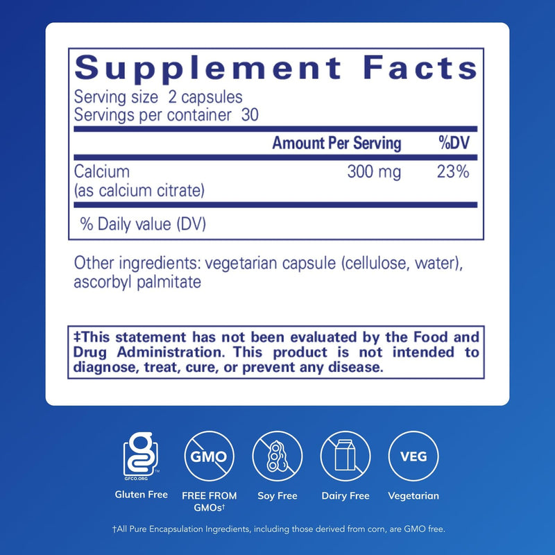 Pure Encapsulations Calcium (Citrate), 60 Capsules | Supplement for Bone, Teeth, Colon, and Cardiovascular Health Support*, with Premium Calcium Citrate 60 Count (Pack of 1)