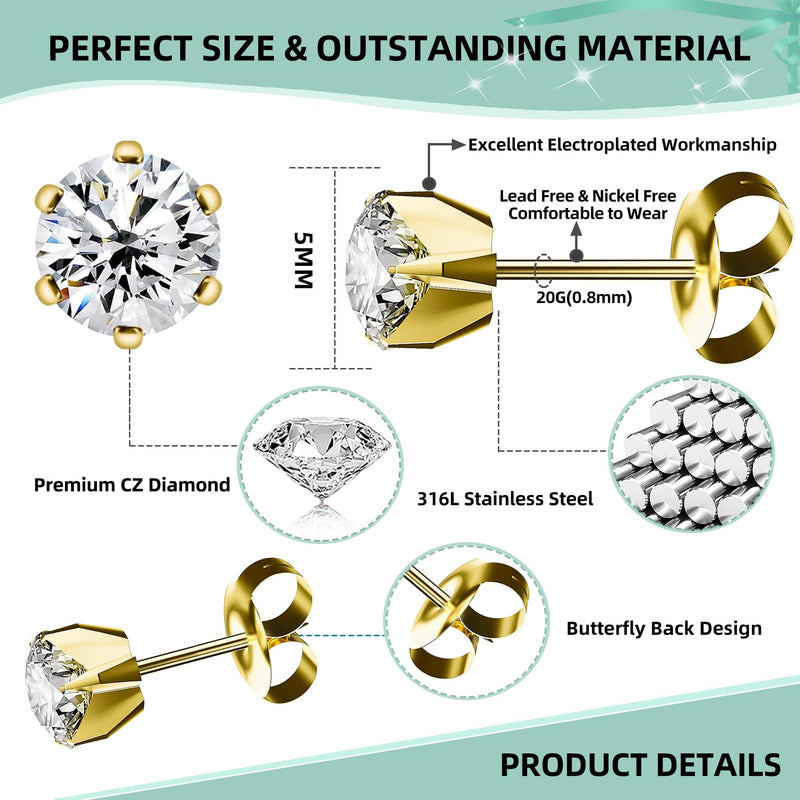 [Australia] - 12 Pcs Ear Piercing Kit Disposable Ear Piercing Gun Kit with 4 Pcs 6 Prong Setting Cubic Zirconia Earrings Stud 316L Stainless Steel Easy to Use at Home Self Ear Piercer Gun Kit Tool Gold 